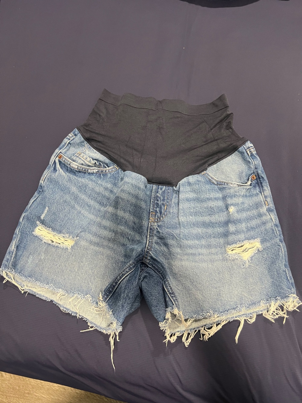 Old Navy Distressed Light Blue Maternity Jean Shorts with full panel Waistband